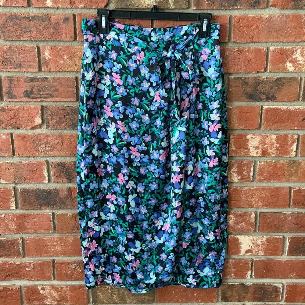 Kelly Renee Black & Blue Floral Midi Silky Wrap Skirt